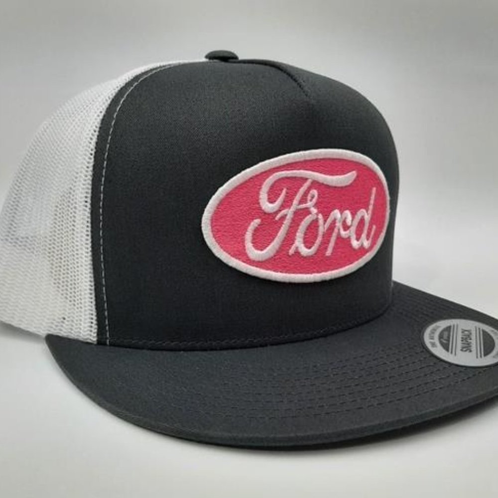 Funky Cool Retro Ford Embroidered Patch Flat Bill Trucker Mesh Snapback Cap Hat